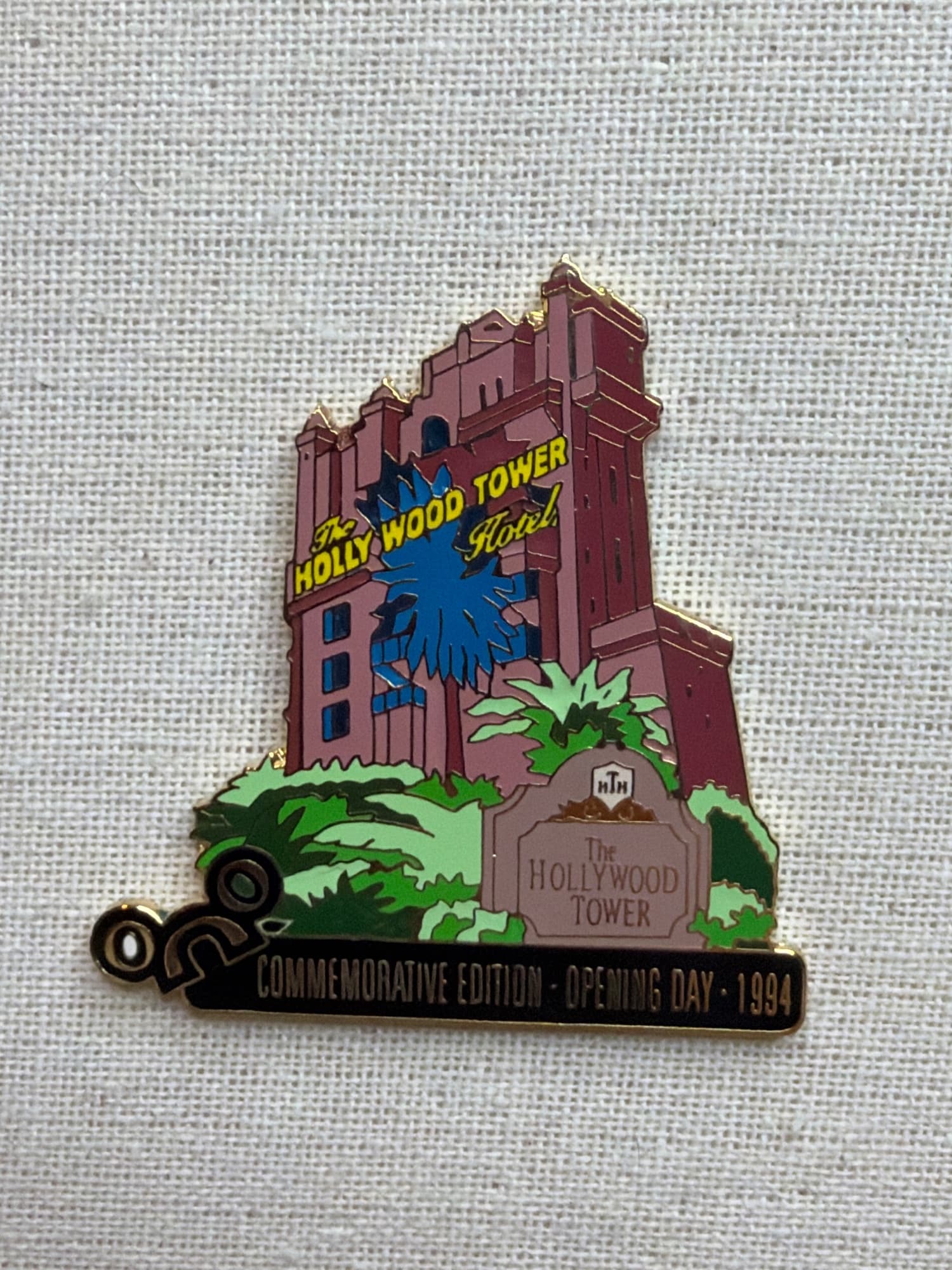Hollywood Tower Hotel Opening Day Pin, the front